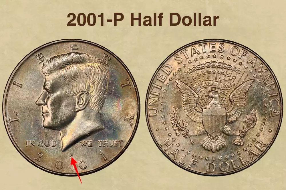 Side-by-side comparison of a common circulated 2001 Kennedy half dollar versus a gem MS68 example showing full cartwheel luster