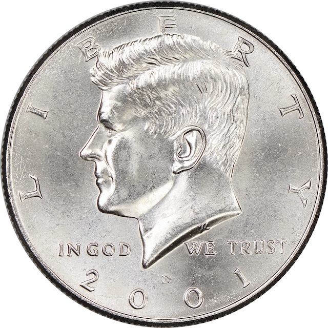 Close-up of 2001 Kennedy half dollar doubled die obverse error showing noticeably doubled letters in LIBERTY inscription under magnification